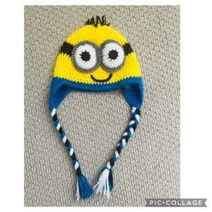 CROCHETED MINION INSPIRED HAT WITH EARFLAPS AND BRAIDED TIES